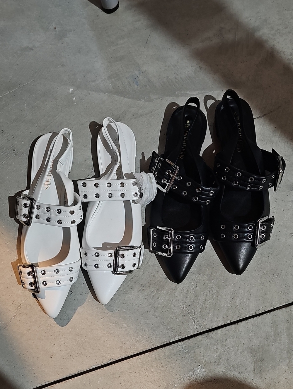 Bundled Pointed Toe Slingback Flats with Buckle Strap - White And Black.